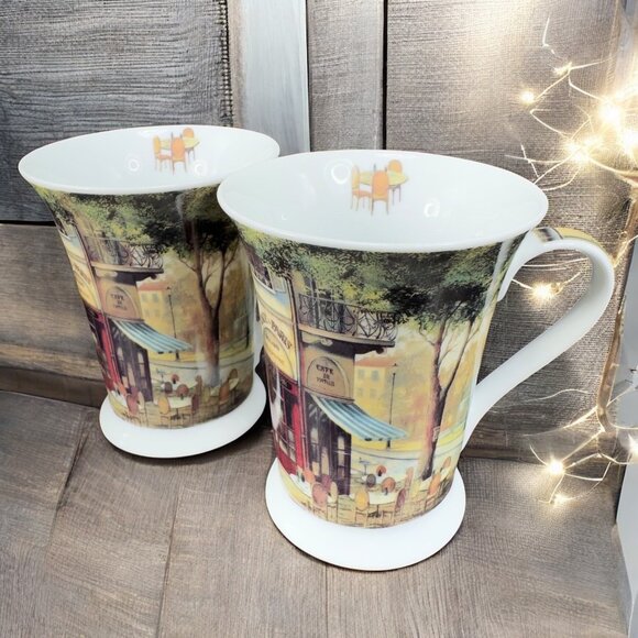 Pimpernel Fine Porcelain Mug Cup Set 2 Mugs Cups Cafe Paris Street Scene England - Picture 1 of 14